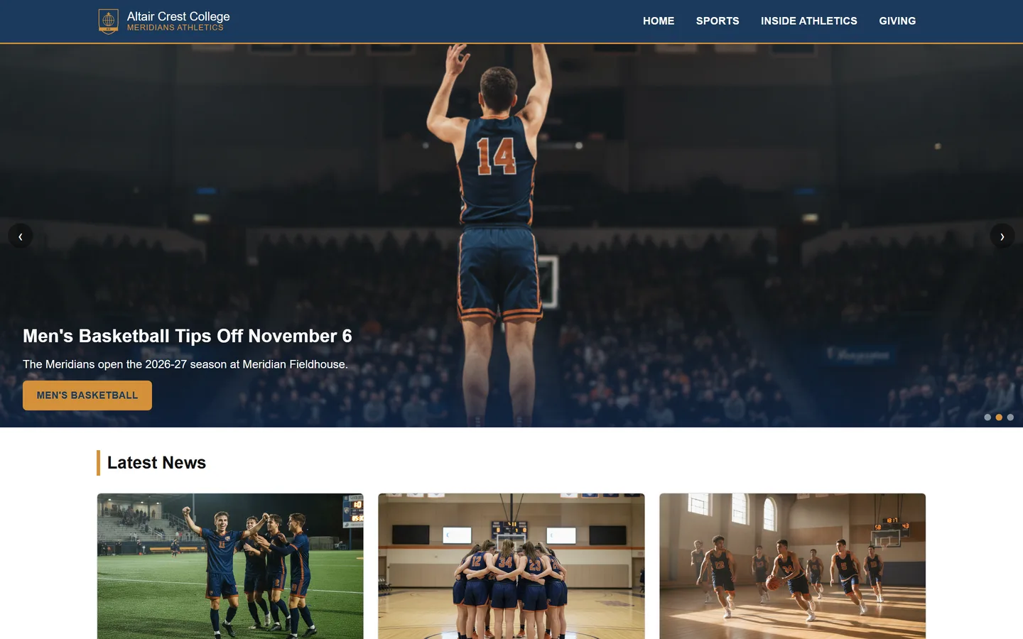 A public athletics homepage built with the Engine, for the demo school Altair Crest College: a full-width billboard story above the latest news